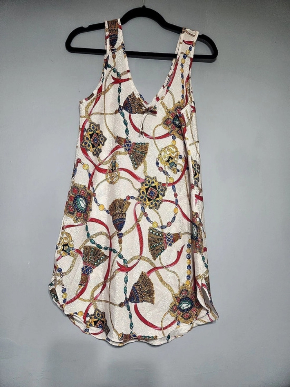 Vintage 80s Bonjour Tunic Top Baroque Jewel Tassel Chain Scarf Print Sleeveless
